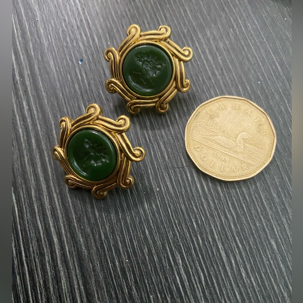 Gold-Tone Green Cameo  Clip-On Earrings